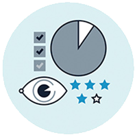 Icon image with an eye, stars, checkmarks and a pie graph
