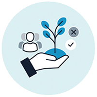 Hand icon image holding growing plant in shades of blue and white