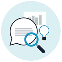 Icon image with speech bubble, magnifying glass, light blue and bar graph