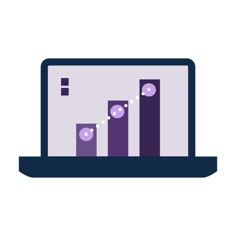 Navy blue laptop icon with bar graph in shades of purple on screen.