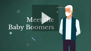 Meet the baby boomers video screenshot with an animated white bearded and haired man wearing a white shirt, vest and pants