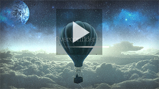 Overconfidence video screenshot with hot air balloon above some clouds