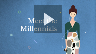 Meet the millennials video screenshot with animated woman wearing headphones, a green top and a patterned skirt