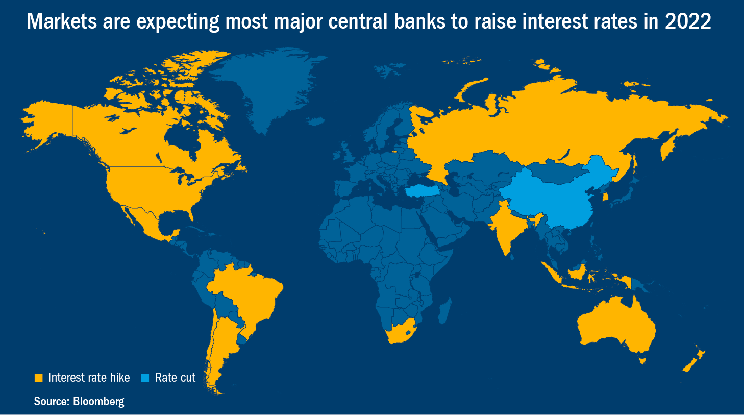 Map of the world indicating that the central banks of many countries are expected to raise interest rates.