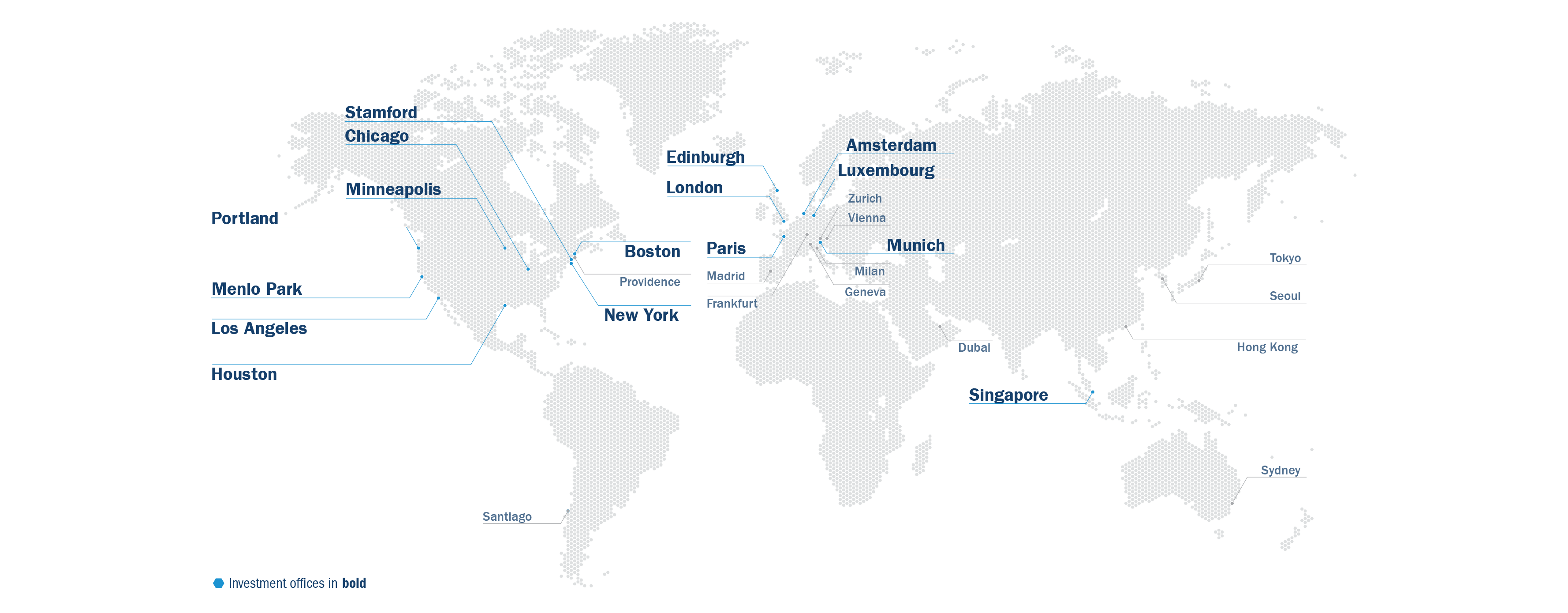 World map with dots showing Columbia Threadneedle office locations